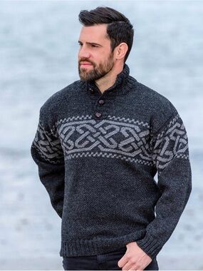 Carraig Donn Aran Irish 100% Wool Celtic Fisherman’s Sweater XL Blk/Grey
